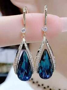 "1 Pair Elegant Blue Crystal Drop Earrings For Women – Fashionable Hook Design, European & American Classic Style Jewelry, Versatile Statement Accessory, Chic 2025 New Arrival, Perfect For Daily Wear, Parties & Gift Giving" - 彩色 - 查看 1
