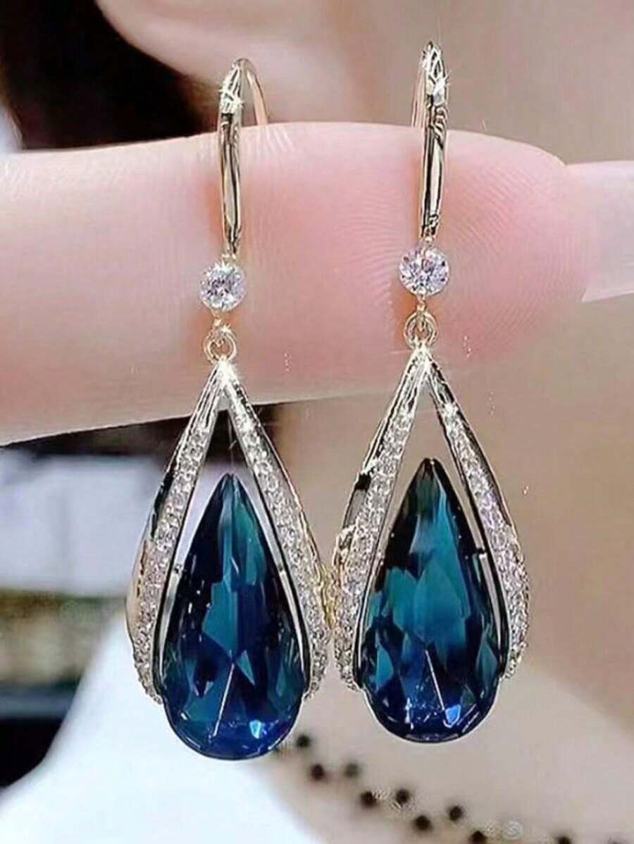 "1 Pair Elegant Blue Crystal Drop Earrings For Women – Fashionable Hook Design, European & American Classic Style Jewelry, Versatile Statement Accessory, Chic 2025 New Arrival, Perfect For Daily Wear, Parties & Gift Giving" - 彩色 - 查看 1
