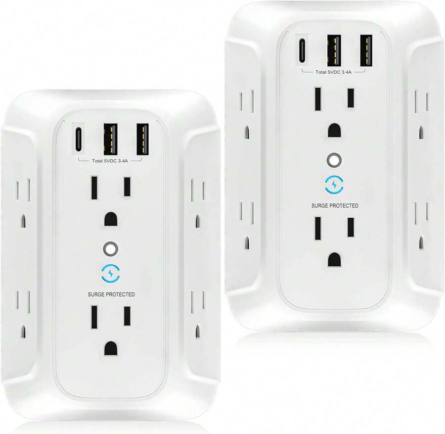 RENDIN Multicontacto,Enchufe de Carga de Tres Lados,Regleta Multicontacto Multifuncional,con USB y Tipo-C, para Hogar, Viajes, Oficina - 2 piezas - Ver 1
