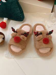 XIXITIAO 1 para uroczych pluszowych kapci z poroża renifera w kolorze czerwonym, unisexowe kapcie domowe z miękką podeszwą, kapcie dla pary, świąteczne płaskie kapcie z motywem renifera w kolorze czerwonym, wygodne i modne lekkie kapcie domowe - Brązowy - Zobacz 8