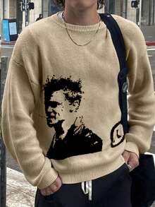 ANDREILEE 男士人像字母嵌花针织毛衣，休闲宽松圆领长袖套头衫，百搭保暖，适合春、秋、冬三季穿着。 - 卡其色 - 查看 1