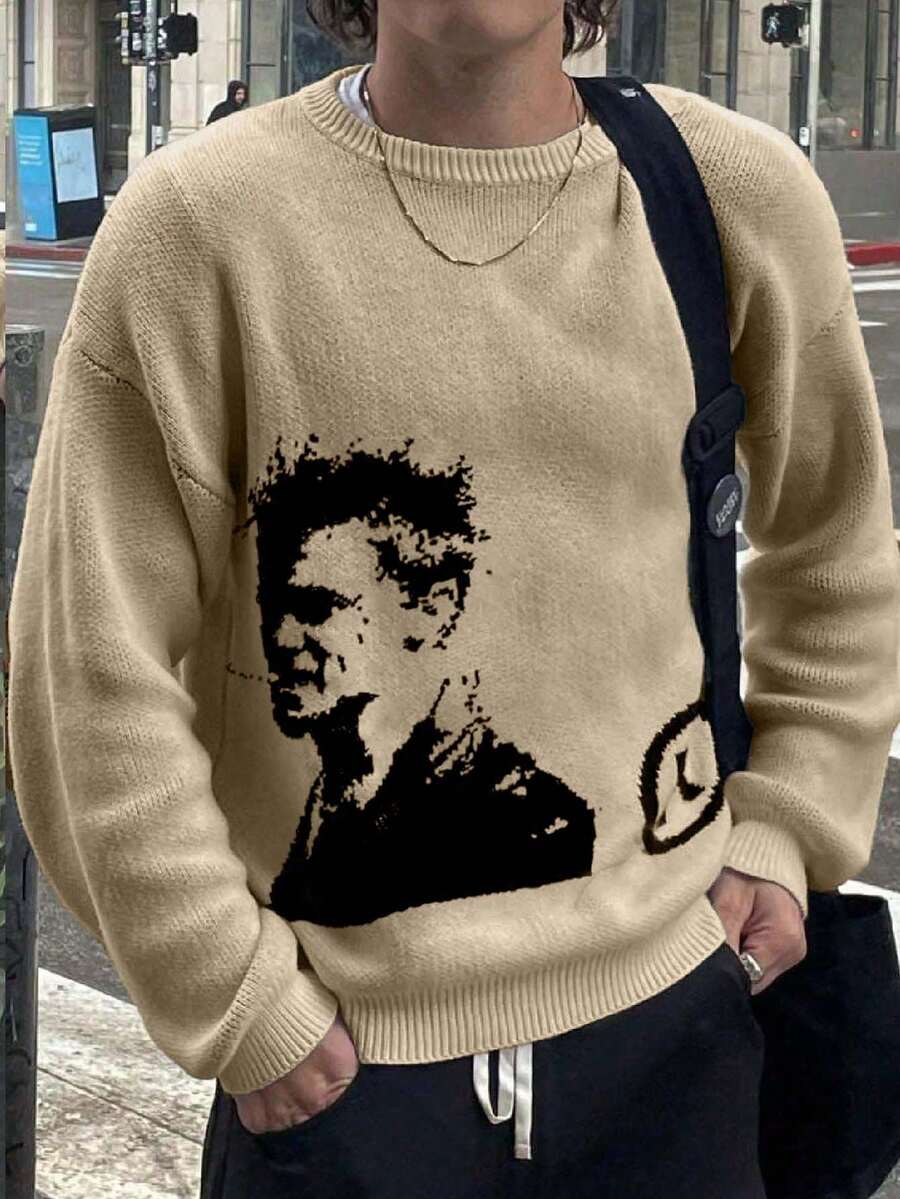 ANDREILEE 男士人像字母嵌花针织毛衣，休闲宽松圆领长袖套头衫，百搭保暖，适合春、秋、冬三季穿着。 - 卡其色 - 查看 1