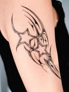 STARTTOOS 1 pieza Pegatina de tatuaje temporal para brazo grande con patrón de estrella mecánica ciber en metal líquido gris plateado - Negro - Ver 4