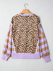 Acelitt 秋季女款紫色条纹拼接豹纹撞色宽松蝙蝠袖圆领休闲卫衣。如果您喜欢拼接款式，可以选择小一码。 - 彩色 - 查看 5
