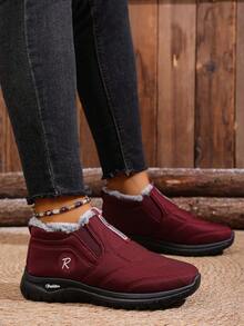 Women's Winter Fashion Casual Snow Boots (Please Note: The Shoes Are One Size Smaller. It Is Recommended To Buy One Size Larger.) - Solid Color, Comfortable And Easy-To-Wear Shoes, Suitable For Daily And Home Use, Round Toe Design, Textile Upper And Lining, Simple Style. - Red - View 4