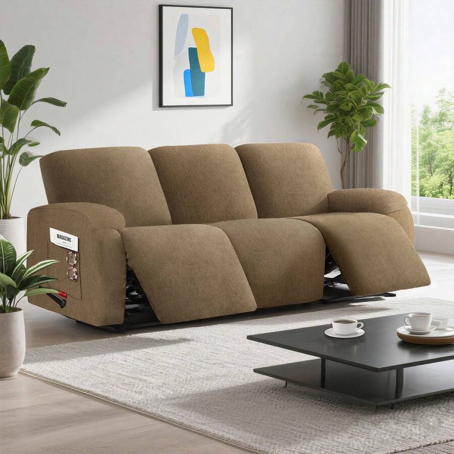 Stretch Recliner Sofa Cover - 5 Pieces Plush Fabric Slipcovers & Durable Furniture Protector For Reclining Couch, Ideal For Kids And Pets  (3 Seater Brown) - màu nâu - Xem 1