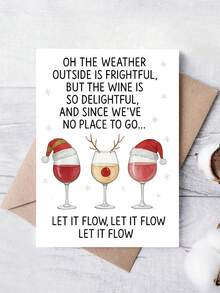 1 pieza Tarjeta de Navidad divertida con copas de vino - Gorros de Papá Noel, cita festiva "Déjalo fluir" - Papelería elegante de vacaciones para regalos de Navidad, fiestas, amantes del vino - Incluye sobre rojo a juego - Tarjeta de felicitación de papel premium, saludos de temporada, sobre resistente, organizadores de fiestas
