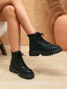 Women's Fashion Thick Sole High Heel Ankle Boots, Autumn/Winter Thick Sole Mid-Heel Short Boots, Outdoor Street Style Fashion College Thin Strap British Wind Student Shoes Personalized Net Celebrity Motorcycle Boots - Black - View 3