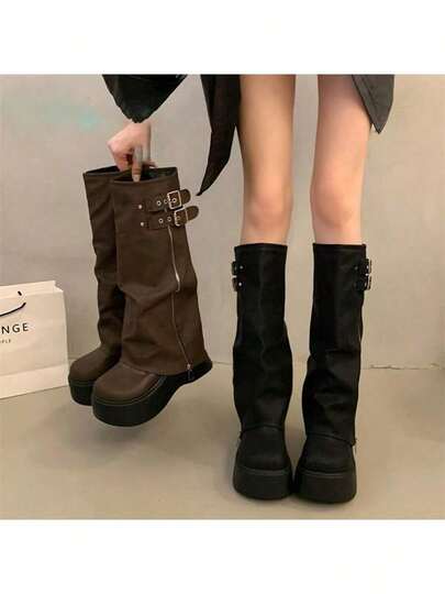 厚底ブーツPUレザーレディースゆったりロングエンジニアリングブーツサイドジッパーラウンドガールシリーズy 2 kナイトブーツゆったり歩き心地アップ