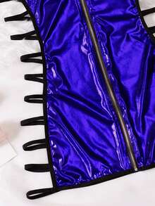 2 件套全新女士睡衣套装，拉链性感内衣镂空吊带睡袍和内裤 - 寶藍色 - 查看 10