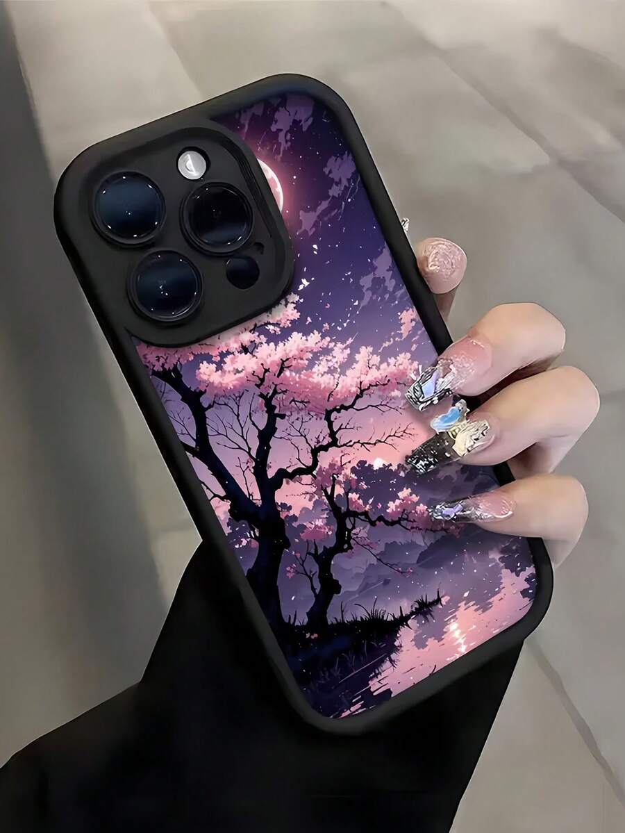 1 chiếc ốp lưng điện thoại TPU chống sốc, họa tiết cây hoa anh đào đen và mặt trăng, thiết kế cá nhân hóa, phủ toàn màn hình, tương thích với Apple 16, 15, 14, 13, 12, 11 Pro Max, phiên bản quốc tế, không phải phiên bản nội địa.