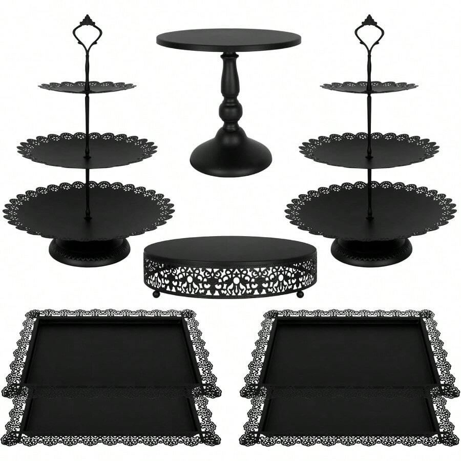 Fivenl 8 Pcs Cake Stand Black Metal Dert Table Display Set 3Tier Cupcake Stand Cake Display Tower And Cookie Tray Rack Serving Tray For Birthday Party Weddings  Shower Black - màu đen - Xem 1