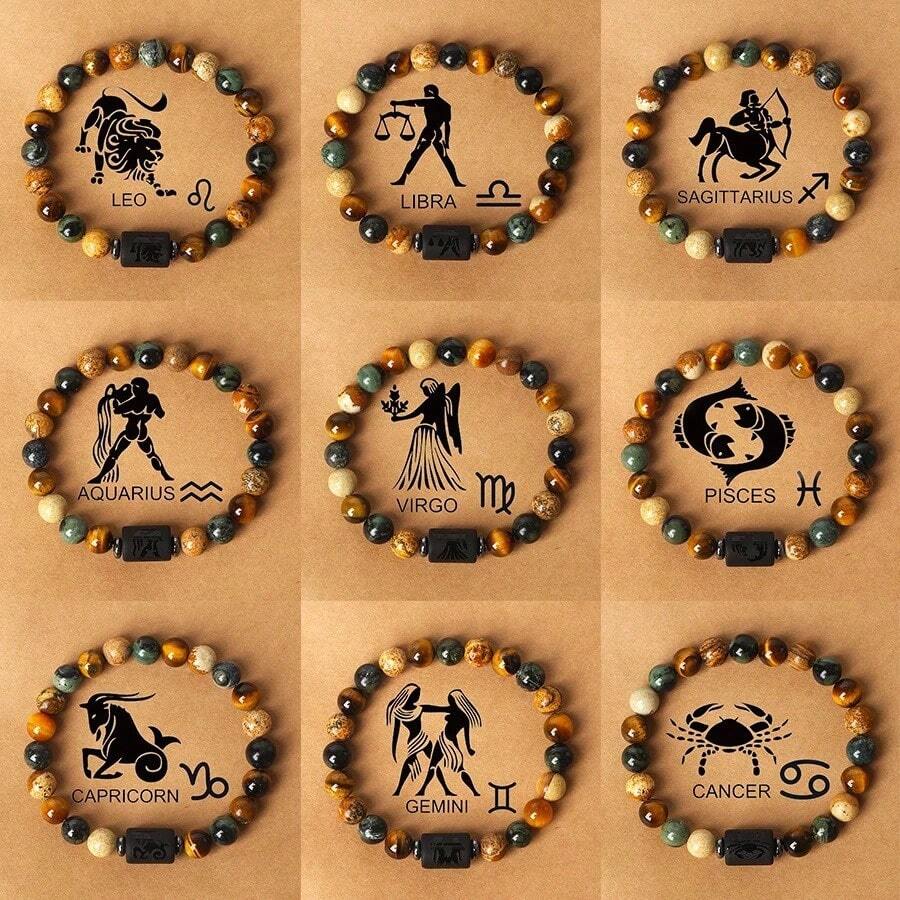 12 Zodiac Signs Natural Stone Beaded Tiger Eye & Picture Stone Bracelet - Bracelet - View 1