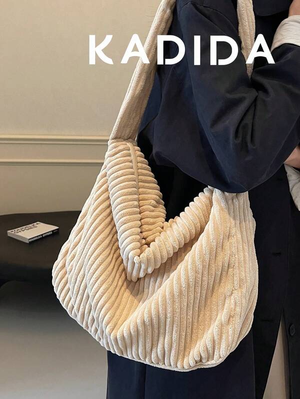 Simple Versatile Solid Color Corduroy Shoulder BagFor Women. Large Capacity Qutdoor VacationTravel Crossbody Baq.Liqhtweight Casual Shopping Storage Messenger Bag, Preppy StyleMulti-Pocket Crescent Bags For Daily CommutingUse