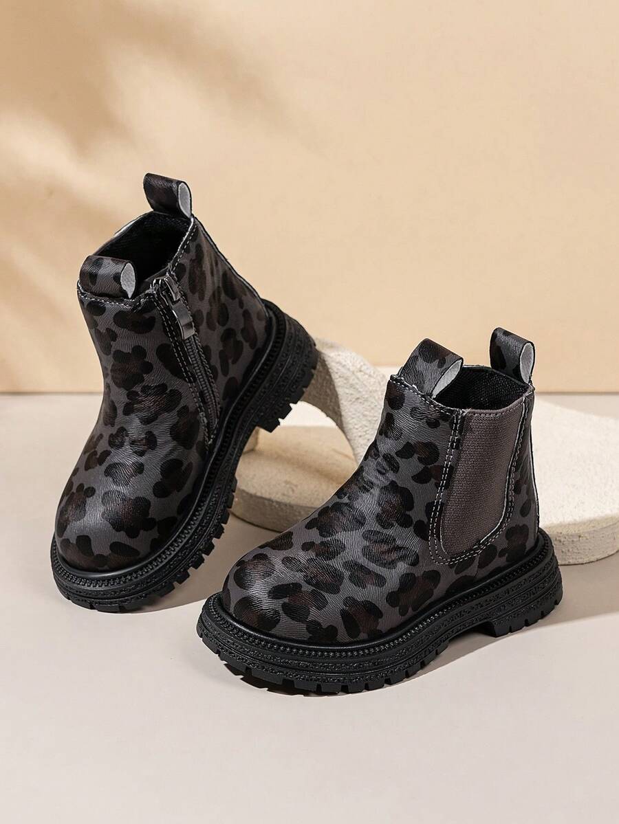 2024新款时尚豹纹女童踝靴，平底套穿侧拉链踝靴，软底百搭公主靴 - 深灰色 - 查看 1