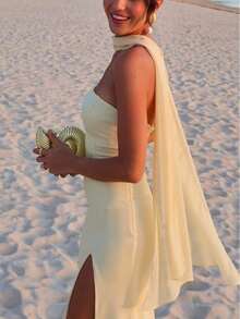 Elegant Strapless Slit Gown - Minimalist Bandage Dress With Flowing Sash, Sexy Evening Dress For Galas & Red Carpet - 黃色 - 查看 6