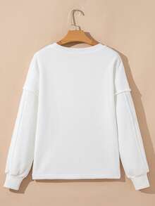 Acelitt Casual Solid Color Ribbed Crew Neck Pocket Design Loose Minimalist Fashion Top T-Shirt, Suitable For Spring & Autumn - White - View 5
