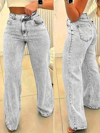 Plus Size Women Straight Leg Loose Casual Jeans With Pockets