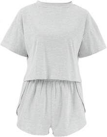 Split Short Pajama Set, Womens Striped Pajamas Set,Two Piece Set Striped Print Drop Shoulder Tee Wrap Split Shortshalloween - 灰色的 - 查看 4