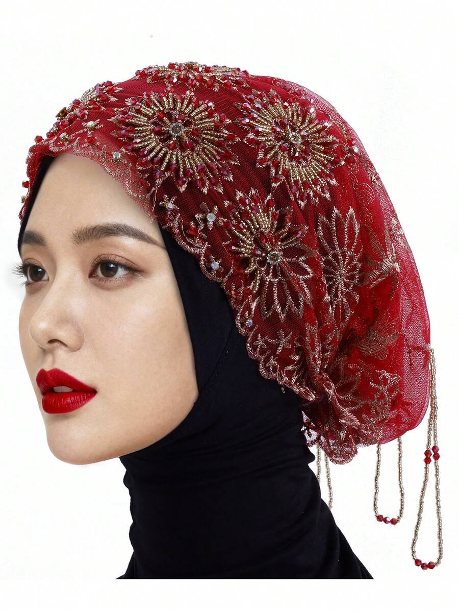 1 pieza Pañuelo de cabeza de mujer de unicolor de alta calidad, nuevo pañuelo de moda musulmana con borlas de cuentas hechas a mano