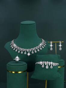 5pcs Luxury Royal Style Bridal Wedding Jewelry Set, Includes Necklace, Bracelet, Earrings, Ring, Handcrafted With White Cubic Zirconia, Suitable For Daily Wear And Wedding, Comes With Gold Gift Box, Christmas Gift - Teardrop Suit - View 11