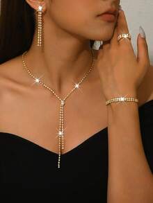 欧美风极简爪链项链、耳环、手链、戒指首饰套装，新娘婚礼派对礼服配饰 - 彩色 - 查看 7