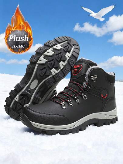 Men's Winter Snow Boots, Size 36, Slip-Resistant Thermal Lined, Plus Size 47, Mid-Top Outdoor Warm Hiking Boots Size 48, Waterproof Upper, Soft Shock-Absorbing Comfortable, Black And Gray, Suitable For Daily Wear, Outdoor Hiking, Trekking, And Snow Walking In Cold Winter Weather