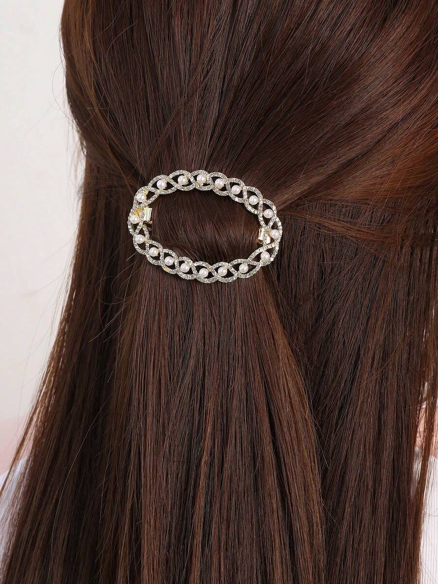 1 pieza Elegante Clip para el cabello de aleación de zinc con perla falsa en forma oval, Pinzas para el cabello, Pasador para el cabello, Barretas para el cabello