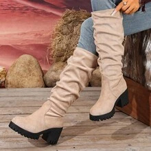 女士圆头粗跟仿麂皮褶皱设计长靴 - 高筒靴 - 坡跟厚底过膝长靴，复古风、休闲风、优雅风、通勤风、商务休闲风、派对风、性感风、西部风，女士靴子 - 米色 - 查看 11