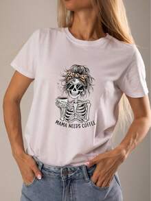 Playera de dama, uso diario, casual, resistente, Halloween, Need Coffee - Blanco - Ver 2