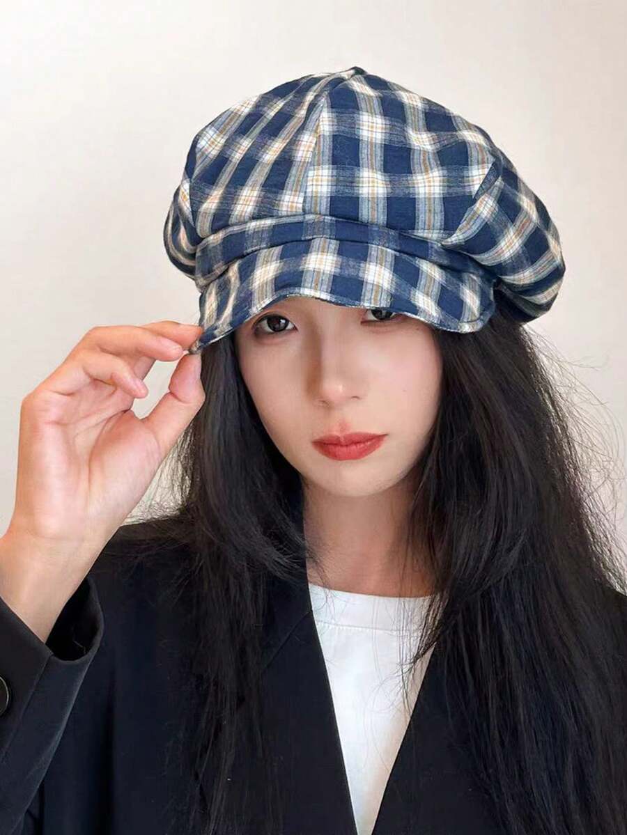 1件装复古格子贝雷帽女夏季画家帽小头围云朵形八角帽日式 - 藏蓝色 - 查看 1