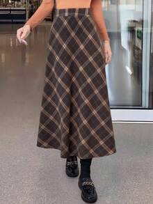 Chân váy kẻ caro EARO Chic dành cho nữ, thời trang, dáng rộng, tôn dáng, đa năng. - màu nâu - Xem 5