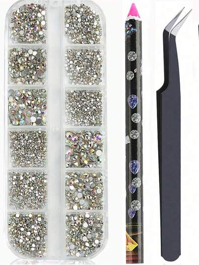 Kit di cristalli e strass per unghie AB - Gemme a fondo piatto di varie dimensioni con pinzette e matite per arte di unghie fai-da-te, inodore, decorazioni per unghie