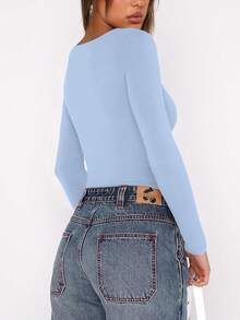 V Neck Long Sleeve Bodysuit - Comfy Double Lined Basic Top - Light Blue - View 5