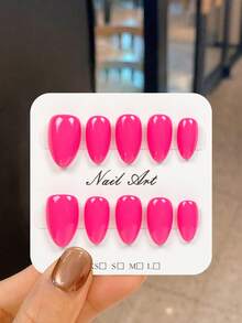 10片Y2K霓虹粉色美甲贴片 | 短款杏仁形和方形亮面复古美甲 | 可重复使用，适合日常和节日美甲 | 可重复使用，适合日常和春季节日优雅美甲 | 完整美甲套装，包含1个指甲锉和果冻胶美甲用品 - 玫紅色 - 查看 10