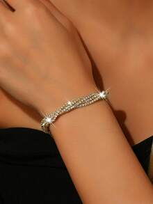 1 pieza Brazalete de fiesta de noche con decoración de strass trenzado y brillo - Plateado - Ver 15