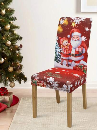 1/4/6pcs Christmas Print Chair Covers, Santa Claus & Bell Printed Elastic Dining Chair Slipcovers, Removable & Washable Home Decor, Christmas Party Decoration