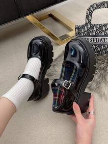 女士黑色漆皮厚底乐福鞋，校园百搭鞋，玛丽珍鞋