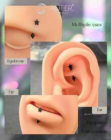 Solid Titanium Eyebrow Rings And Heart Labret Jewelry, 16G - 黑星 - 查看 10
