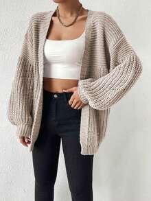 Plus Size Long Sleeve Thigh Length Knitwear Cardigan, Cozy And Stylish With Slight Stretch For Comfortable Wear