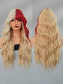 7JHH WIGS Long Wave Blonde & Red Highlight Wigs For Women - Loose Fluffy Wavy Curly Wig With Bangs, Full Machine High Density Synthetic Heat Resistant Fiber Hair, Exaggerated Style Anime Halloween Costume Wigs For Cosplay Wear, Masquerade Ball & Music Festival Carnival Party Use 26 Inch - 挑染紅色 - 查看 5
