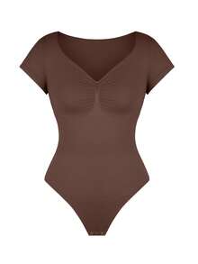 FeelinGirl Summer Women Short Sleeve Bodysuit V Neck Tummy Control Shapewear Seamless Thong Body Suits Tops - màu nâu - Xem 8