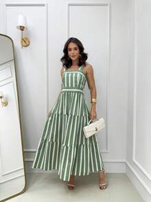 15 Striped All-Over Print Ruched Fabric Ruffle Hem Wedding Dresses - Aqua Green - View 1