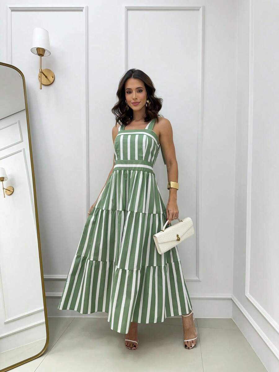 15 Striped All-Over Print Ruched Fabric Ruffle Hem Wedding Dresses - Aqua Green - View 1