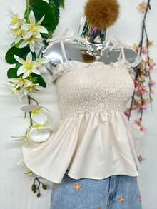 T109Crop Top With Straps And Ruffles - Beige - View 2