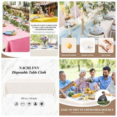6 Pack Disposable Plastic Tablecloths 54x 108 Inch White Rectangle Table Cover Holiday Party Engagement Weddings Baptism Birthday Decoration