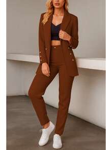 Elegante conjunto de traje liso de manga larga con cuello chal y doble botón para mujer, con bolsillos, para oficina y trabajo. - Marrón - Ver 3