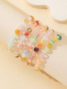 1pc 8mm Faux Jade Beaded Resin Dual-Tone Elastic Bracelet, Minimalist & Fashionable For Women