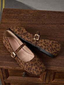 Women's Fashion Square Toe Leopard Print Slip-On Flats, Versatile Office/Casual Wear, Outdoor Activities, High-Quality Aesthetic, Mary Jane Shoes, Ballet Flats, Suitable For Party, Wedding, All Seasons - Leopard - View 3