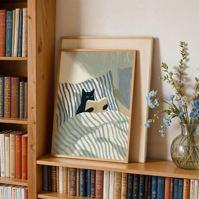 1幅猫咪读书墙画，黑猫印花帆布画，猫咪插画海报，床上猫咪装饰画，适合温馨卧室、客厅、宿舍装饰，送给她的礼物，可选无框或有框。